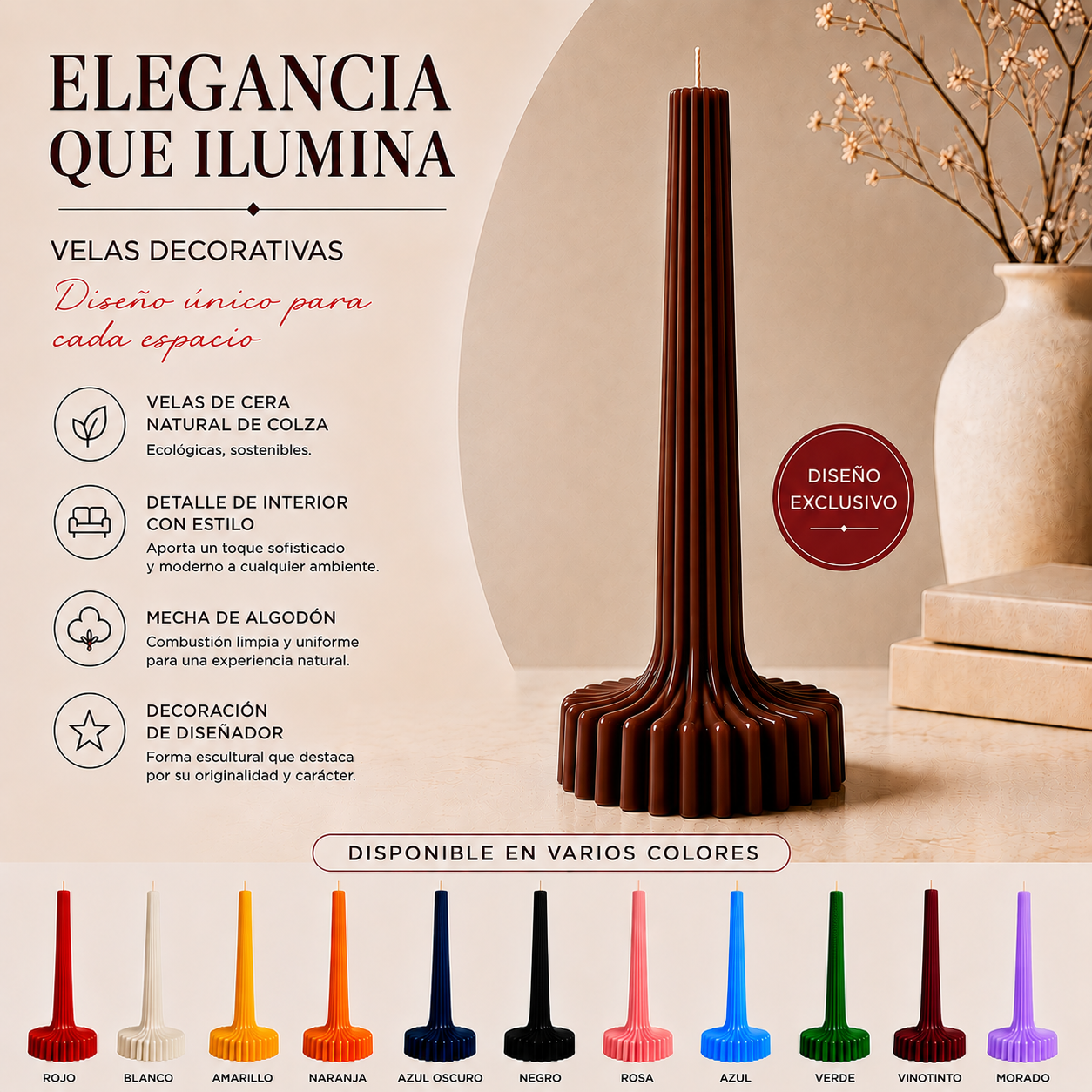 Velas Acanaladas de Diseño Exclusivo (2 unidades, marrones)