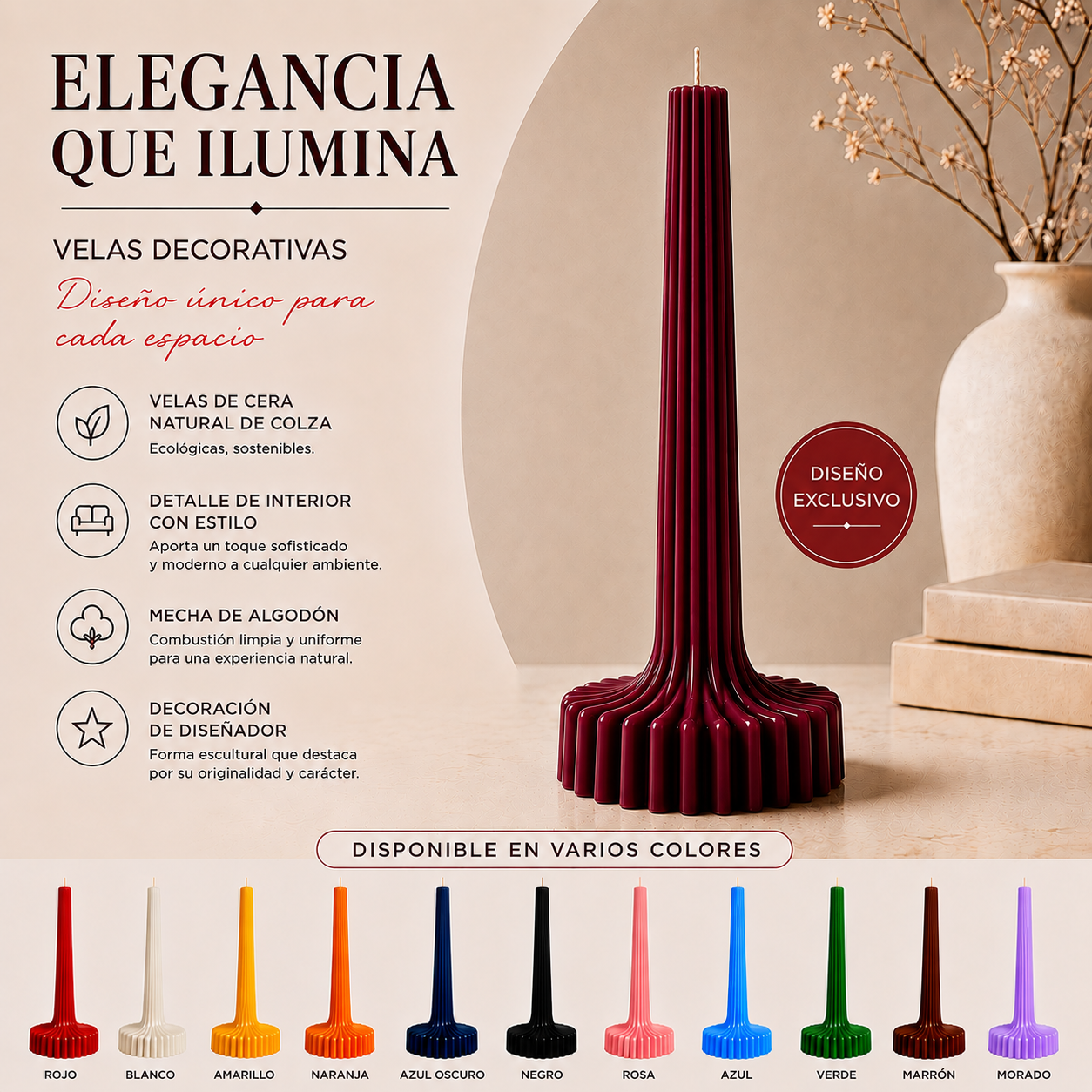 Velas Acanaladas de Diseño Exclusivo (2 unidades, color vino tinto)