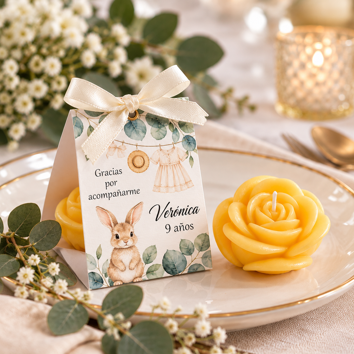 Velas Personalizadas en Forma de Rosa para Cumpleaños, Bautizos (Conejo)